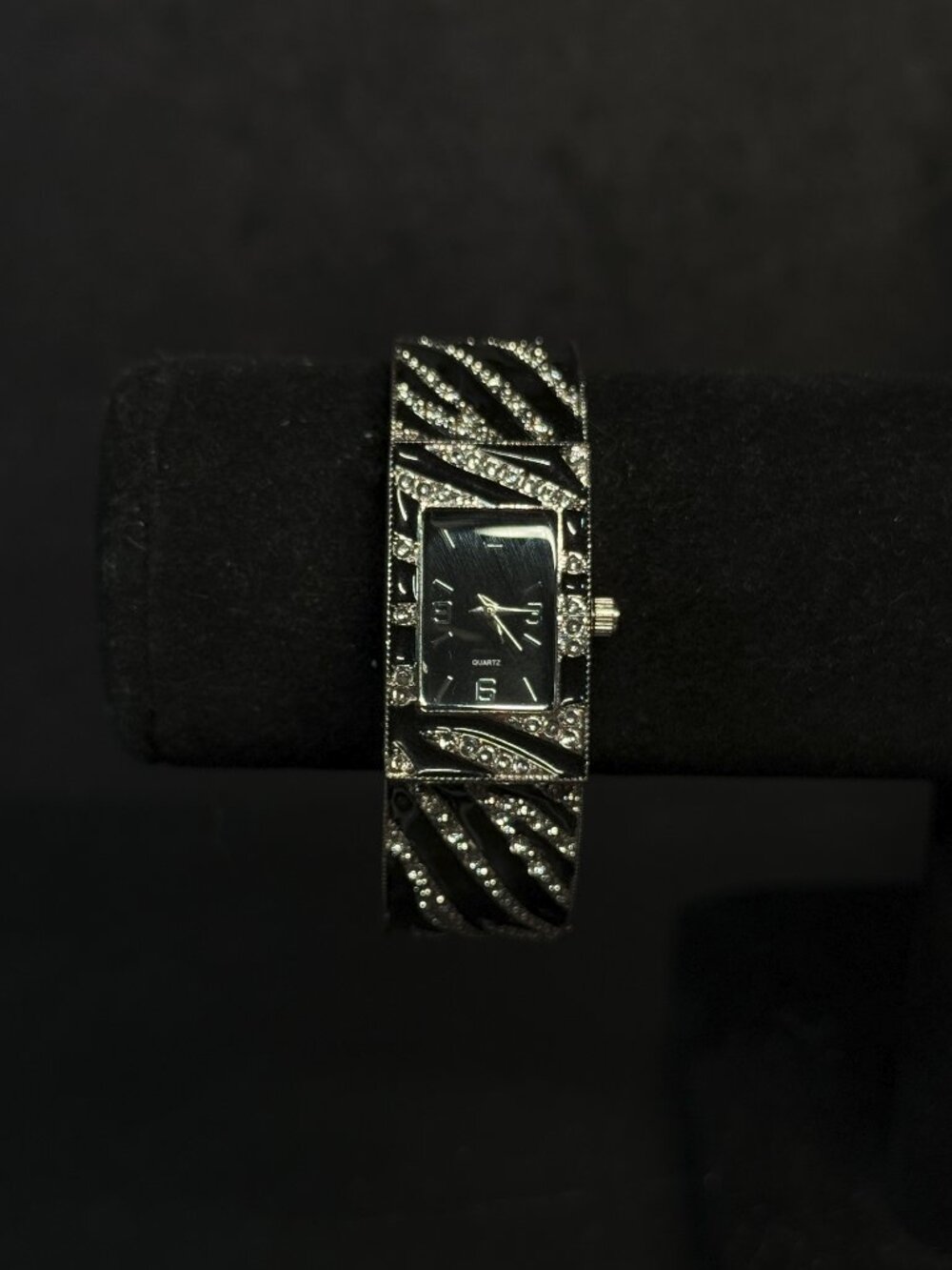 Crystal Black Enamel Cuff Watch Japan Movement Stainless Back